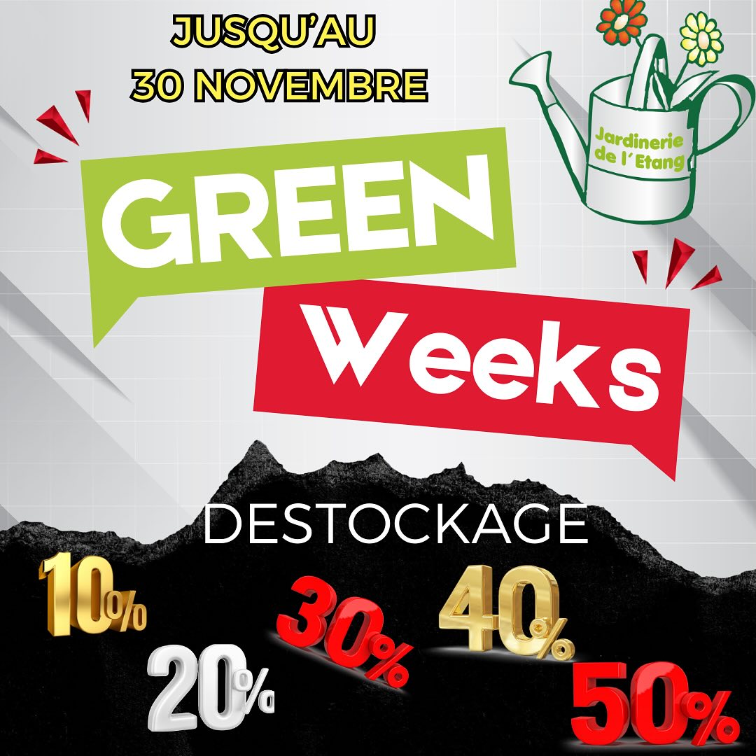 Votre jardin a aussi droit à ses promotions, remises,…
Les Black (Green) weeks démarrent dans votre jardinerie ce lundi jusqu’à fin novembre.
Venez profitez de remises allant de 10% à 50% sur les outils, poterie, plantes intérieures et extérieures, fleurs…

Pour en profitez une seule adresse 
2300 route des Baisses 
13130 Berre l’étang 

#blackfriday #promotion #remise #jardin #jardinerie #berreletang #lafarrlesoliviers #rognac #jardineriedeletang